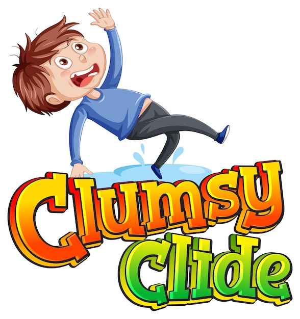 Clumsy clide logo text design with boy resbaló en un piso mojado
