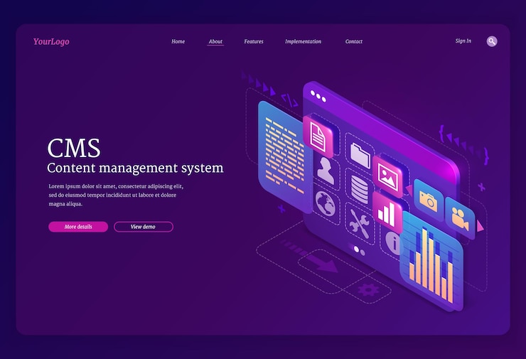 Vector gratuito cms, aterrizaje isométrico del sistema de gestión de contenidos