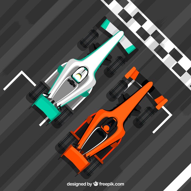 Coche de carreras de fórmula 1 con diseño plano en la línea de meta