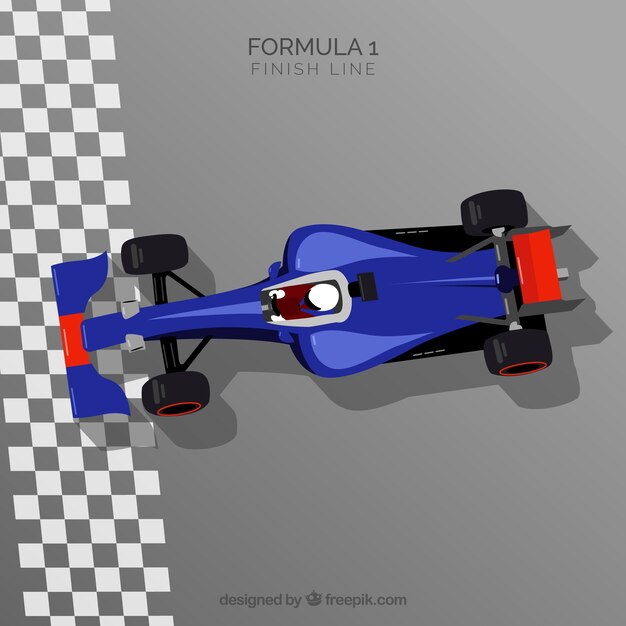Coche de carreras fórmula 1 en la línea de meta con vista superior