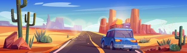 Coche con equipaje en la carretera del desierto de conducción superior
