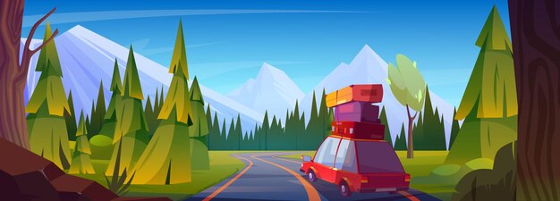 Coche con equipaje en la parte superior conduciendo la carretera del bosque hacia las montañas Ilustración de dibujos animados vectoriales de auto rojo con maletas en la cabina hermoso paisaje con abetos a lo largo de la carretera viaje familiar de vacaciones