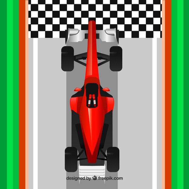 Coche de formula 1 modern rojo pasando línea de meta