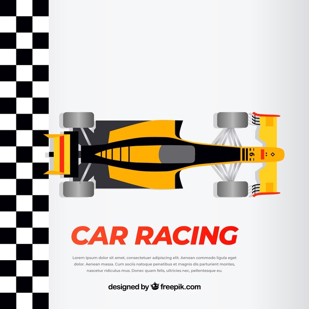 Coche de formula 1 naranja y negro pasando línea de meta