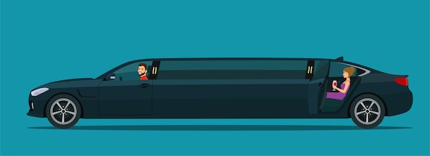 Coche limusina con conductor y una mujer en el asiento trasero con la puerta abierta. ilustración vectorial.
