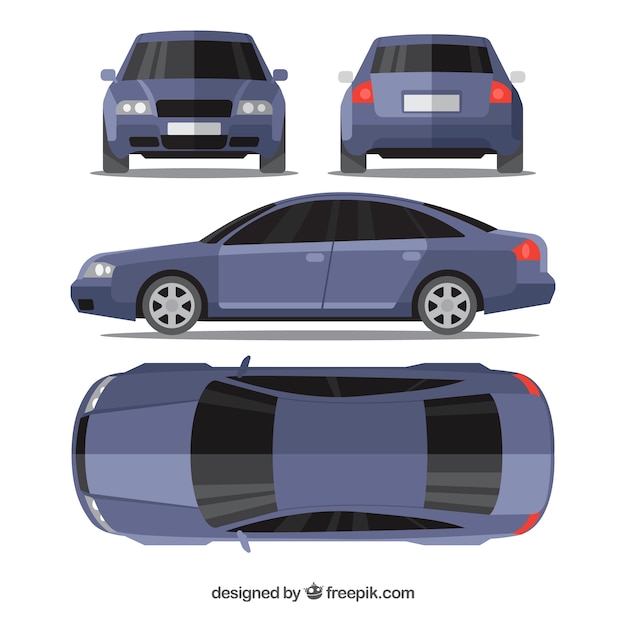 Coche moderno azul en diferentes vistas