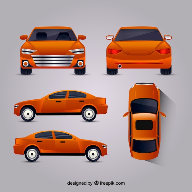 Vector gratuito coche naranja en diferentes vistas