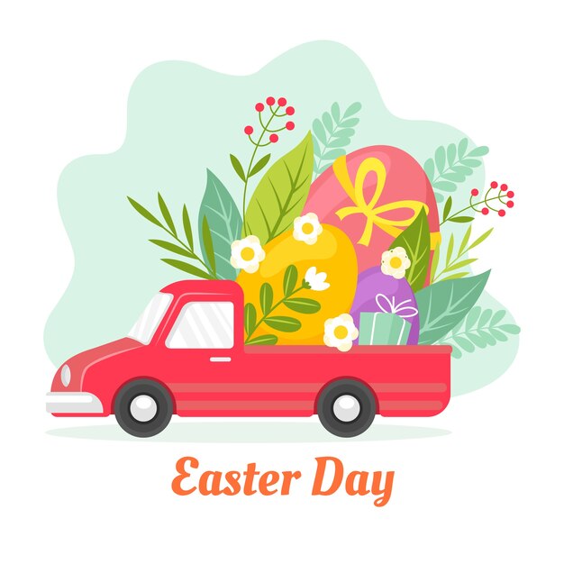 Coche de pascua plano dibujado a mano