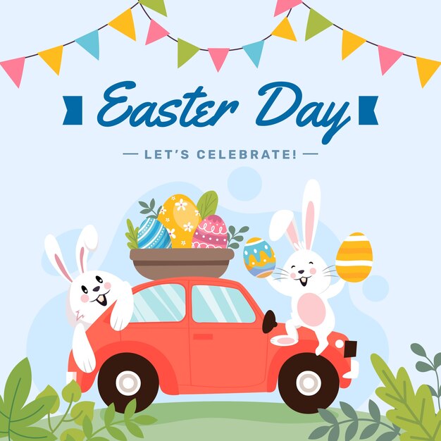 Coche de pascua plano dibujado a mano