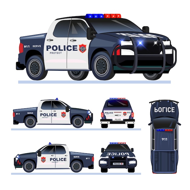 Coche de policía desde diferentes ángulos vista superior lateral trasera vista plana conjunto aislado ilustración vectorial