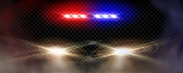 Coche de policía rojo y azul luz noche bengala policía sirena vector efecto Vista frontal en faro de emergencia realista resplandor con humo aislado Peligro smog cerca de brillo de ambulancia o bombilla de patrulla de justicia