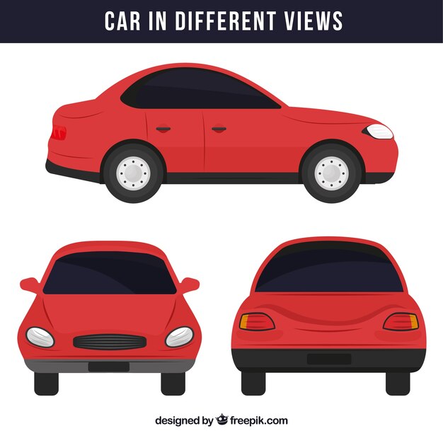 Coche simple rojo en diferentes vistas
