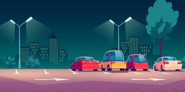 Coches en la calle de la ciudad estacionándose por la noche