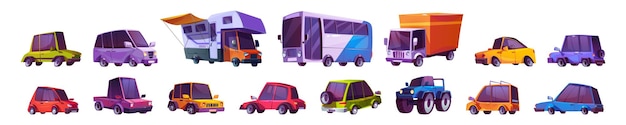 Vector gratuito coches de dibujos animados automóviles set bus monster truck