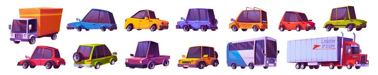Vector gratuito coches de dibujos animados set automóviles modernos autobús camión