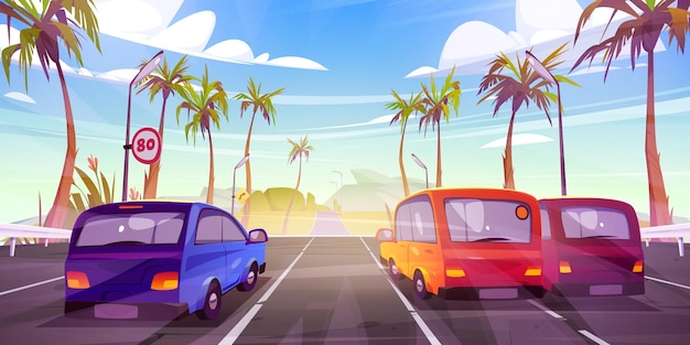 Vector gratuito coches en la ilustración de dibujos animados de palmeras tropicales de carretera