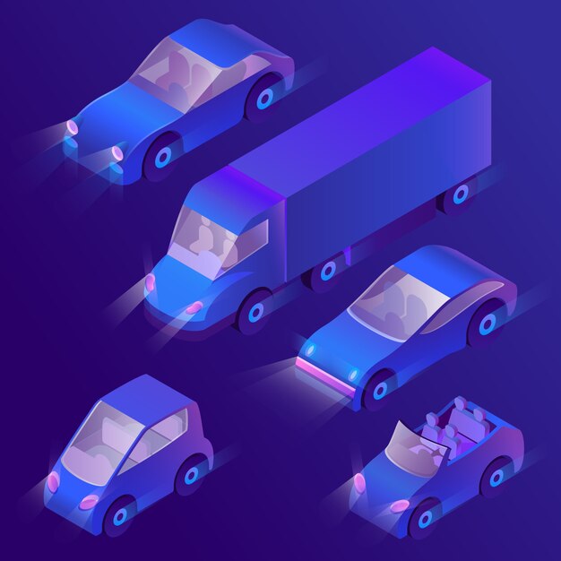 Coches isométricos violetas 3D con luces