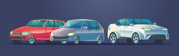Coches modernos, automóviles, vehículos establecidos.