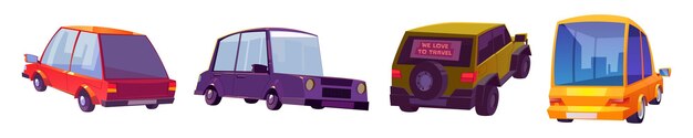 Coches modernos vehículos de motor en vista frontal y trasera Conjunto de dibujos animados vectoriales de automóviles nuevos con sedán y cabina hatchback Auto diferente aislado sobre fondo blanco