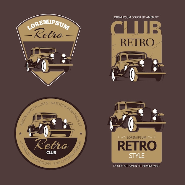 Vector gratuito coches retro clásicos. conjunto de etiquetas vintage. vehículo antiguo, emblema de colección e ilustración de placa