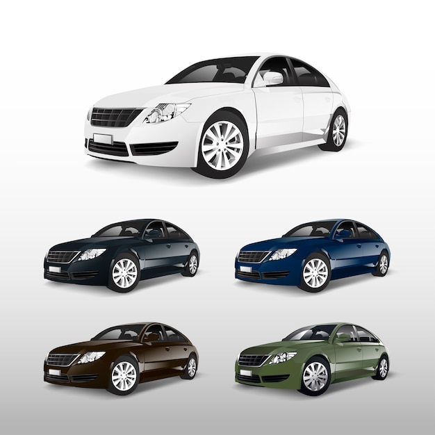 Coches sedán de colores aislados en vector blanco