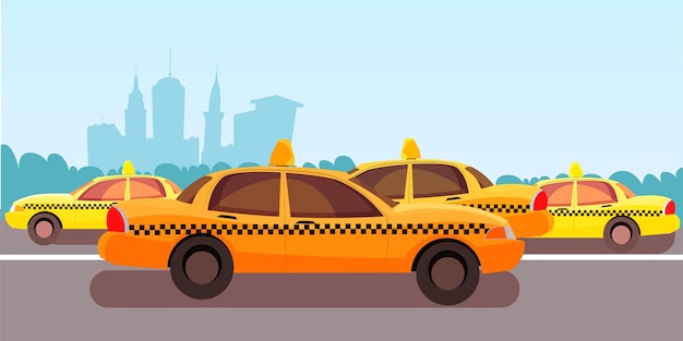 Vector gratuito coches de taxi amarillo calle de la ciudad llena de automóviles transporte urbano atasco de tráfico en el centro de conducción de taxis en el centro de negocios vehículo de servicio de taxi de alquiler