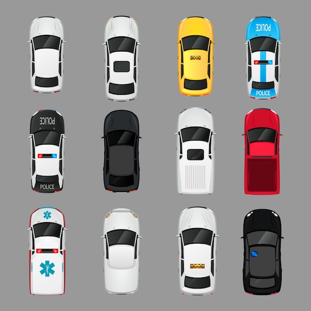 Coches de transporte iconos de vista superior conjunto de ilustración vectorial aislados