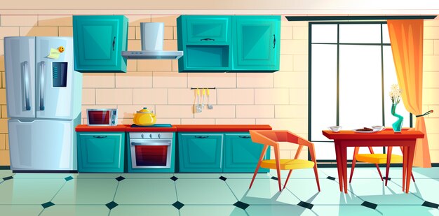 Cocina casera, interior vacío con electrodomésticos.