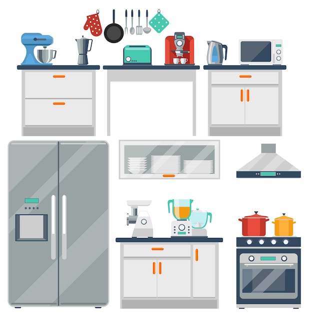 Cocina plana con utensilios de cocina, equipo y muebles. Refrigerador y microondas, tostadora y olla, licuadora y molinillo