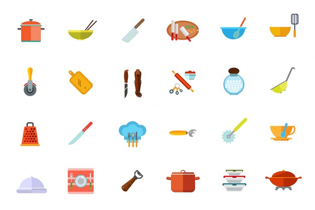 Cocina, recipientes, cocina, utensilios, icono, conjunto