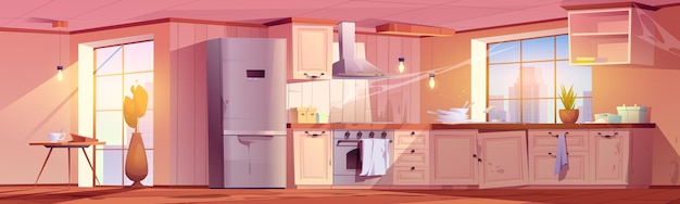 Vector gratuito cocina retro abandonada, interior decrépito vacío