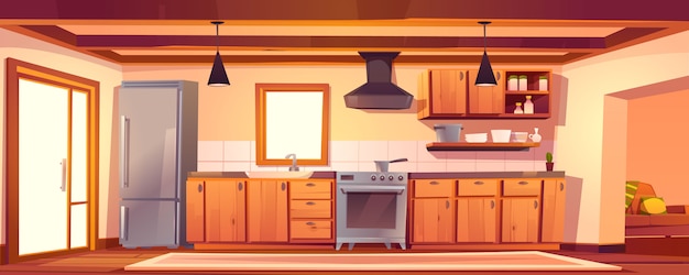 Vector gratuito cocina rústica interior vacío con muebles de madera.