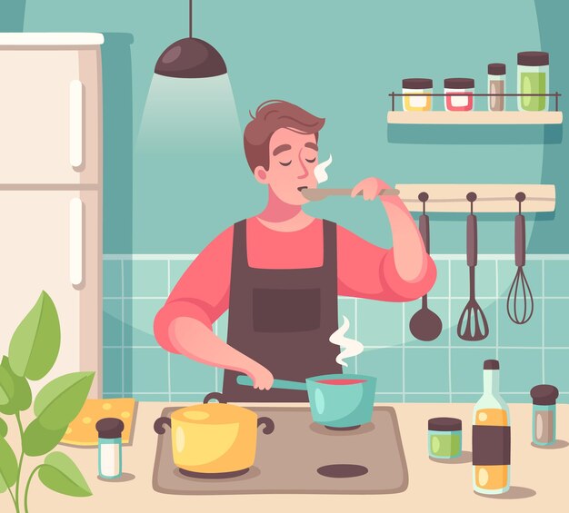 Cocinar como composición de hobby con el hombre disfrutando de la experiencia culinaria degustando platos en su cocina