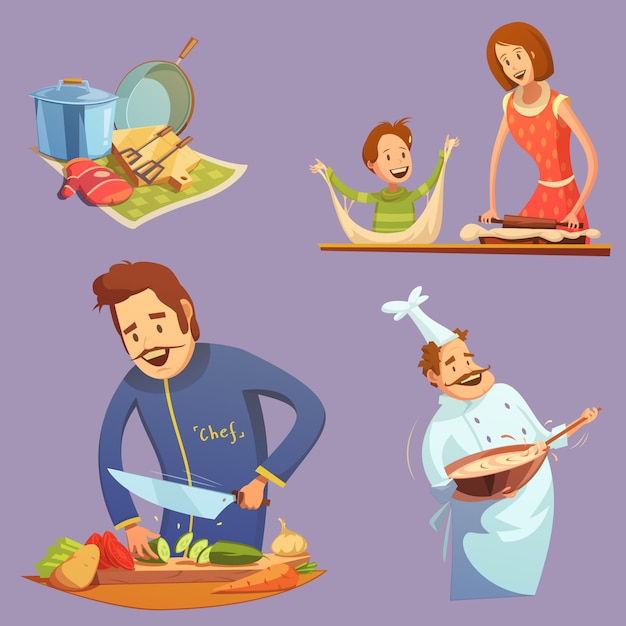 Cocinar conjunto de iconos de dibujos animados retro