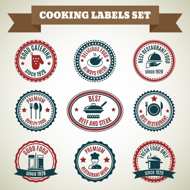 Cocinar las etiquetas del cocinero conjunto de buena restauración comida deliciosa siempre fresco ilustración vectorial