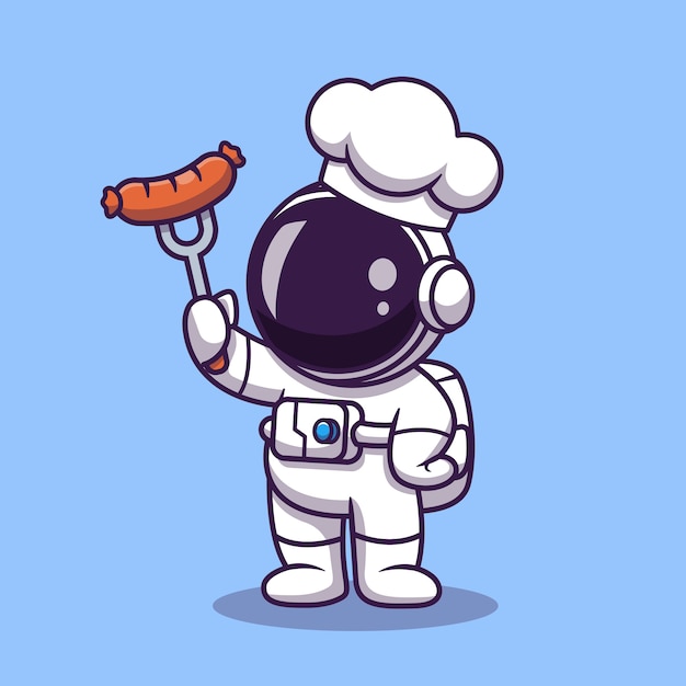 Cocinero lindo del astronauta con el ejemplo de la historieta de la salchicha de la parrilla. concepto de alimentos de ciencia. estilo de dibujos animados plana