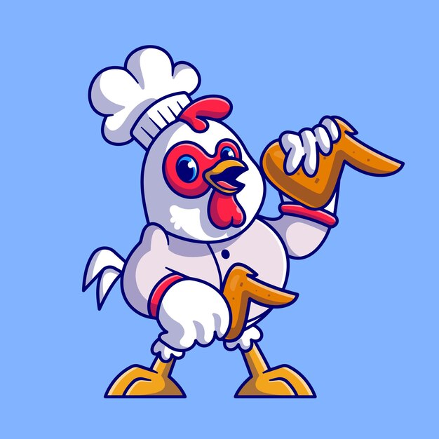 Cocinero lindo del pollo que sostiene el ejemplo del icono de la historieta del pollo frito. Concepto de icono de comida animal aislado. Estilo de dibujos animados plana