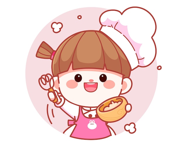 Cocinero de la muchacha linda feliz que sostiene el tazón con el ejemplo del arte de la historieta del logotipo de la bandera del batidor