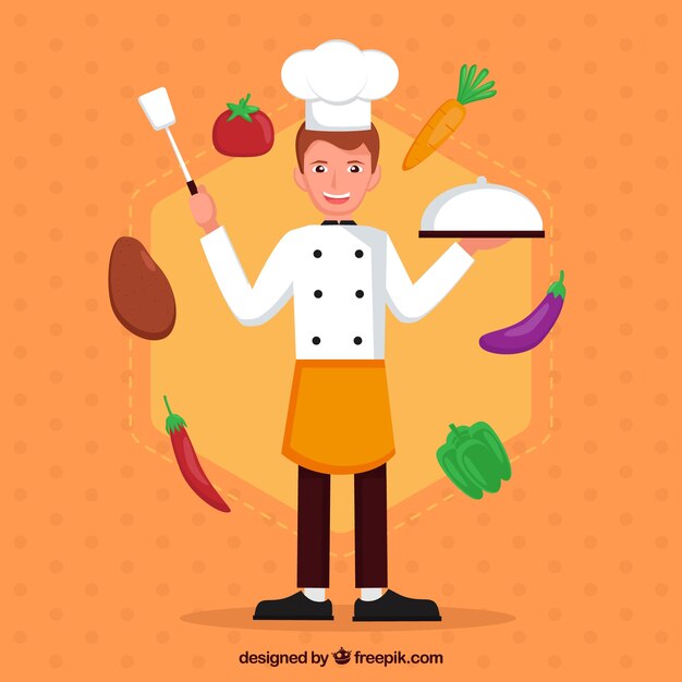 Cocinero sonriente con bandeja y variedad de ingredientes