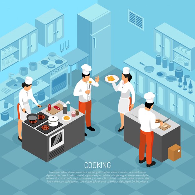 Cocineros profesionales chef personal de cocina carnicería haciendo carne saus preparando alimentos para el servicio de composición isométrica ilustración vectorial