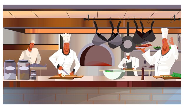 Cocineros trabajando en restaurante cocina ilustración
