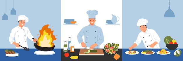 Cocineros con tres composiciones cuadradas de chefs profesionales que cortan verduras, fríen ollas y decoran comidas, ilustraciones vectoriales