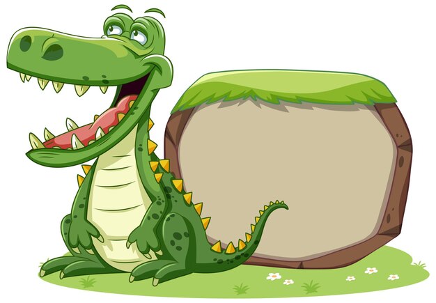 Un cocodrilo alegre con un letrero en blanco