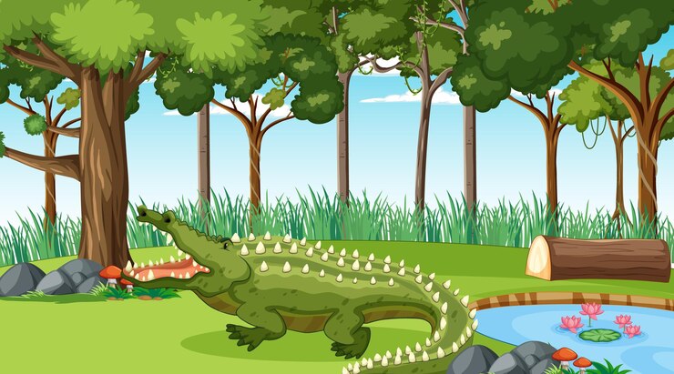 Vector gratuito un cocodrilo en el bosque durante el día con muchos árboles.