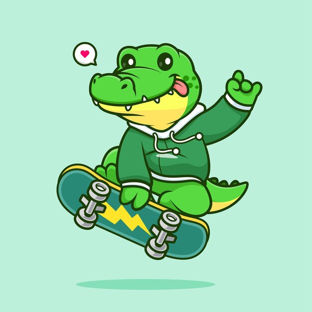 Cocodrilo lindo que juega la ilustración del icono del vector de la historieta del monopatín. Icono de deporte animal plano aislado