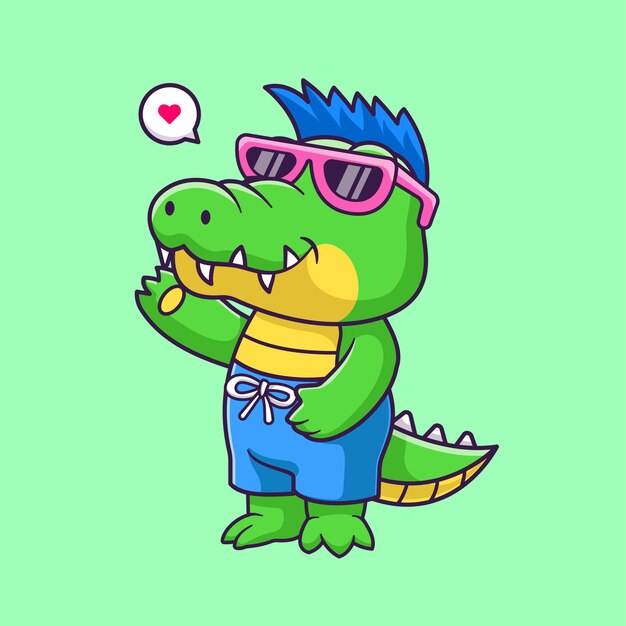 Cocodrilo lindo del verano que lleva la ilustración del icono del vector de la historieta de los vidrios. Animal vacaciones aislado
