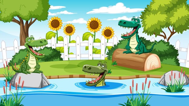Los cocodrilos felices en el jardín soleado
