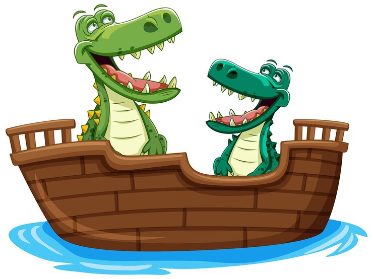Vector gratuito los cocodrilos felices navegando en un barco de madera
