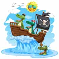 Vector gratuito los cocodrilos piratas navegando en alta mar