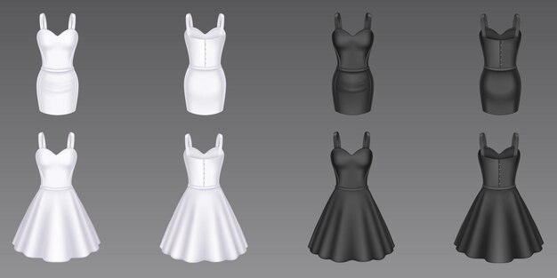 Cóctel de mujer y vestidos de vaina en la vista frontal y trasera Vector maqueta 3d realista de vestido de noche de chicas en blanco y negro con falda corta y escote corazón aislado en el fondo